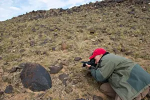 Mongolia Prints: A tourist is photographing petroglyphs at the Black Mountains in the Gobi Desert near Bulgan in southern Mongolia