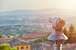 Tourist telescope eyepiece. Travel tourist destination landscape magnification