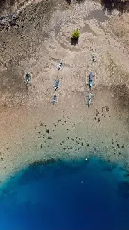 Menjangan Prints: Touristic boats in harbor with blue ocean near Menjangan island, Bali. Aerial view