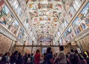Italian Culture Prints: tourists looking at ceiling in Sistine Chapel in the Vatican Museum in Rome, Italy
