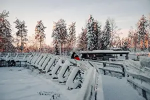Boreal Prints: Tourists on snowy footbridge in wildlife park in Ranua, Lapland