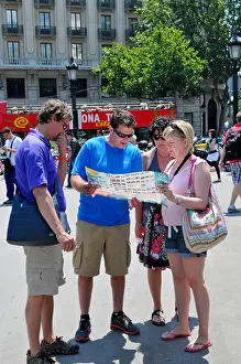Appeal Prints: Tourists Study Map Barcelona Spain Europe Catalonia