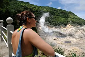 Saint Lucia Prints: TOURISTS VIEWING THE SULPHUR POOLS IN THE CRATER OF MOUNT SOUFRIERE ST LUCIAs DRIVE IN VOLCANO