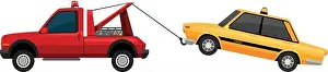 Pulling Prints: Tow truck pulling yellow taxi illustration