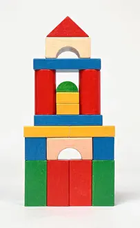 Building Blocks Prints: Tower made from coloured wooden building blocks