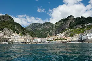 Amalfi Coast Prints: The town of Atrani near Amalfi seen from a boat on the Bay of Salerno