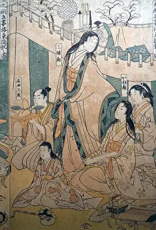 Sakura Prints: Toyotomi Hideyoshi and his Five Wives on an Excursion to the East of Kyoto (triptych)