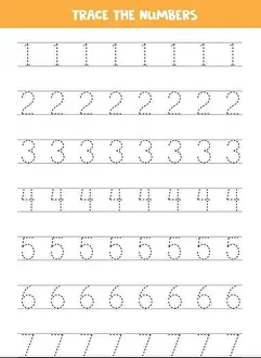 Trace numbers 1-7. Handwriting practice for preschool kids