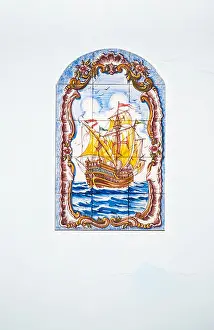 Algarve Prints: traditional azulejo tile painting showing a caravell, l