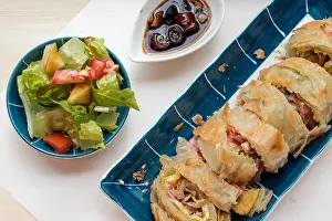 Taiwanese Prints: Traditional Chinese food, Taiwanese fried pancake with bacon and cheese filling, flatlay