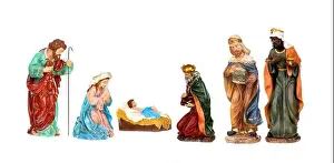 Bethlehem Prints: Traditional Christmas nativity scene with Mary and Joseph and baby Jesus isolated on a white background