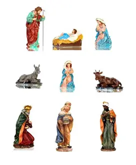 Bethlehem Prints: Traditional Christmas nativity scene with Mary and Joseph and baby Jesus isolated on a white background