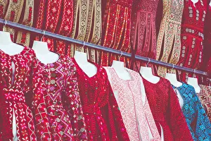Embroidered Prints: Traditional colorful woman bedouin dresses in Jordan. Handmade fashion style