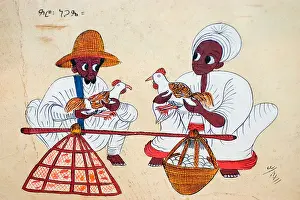 Ethiopian Prints: Traditional Ethiopian painting scene with market chicken and eggs