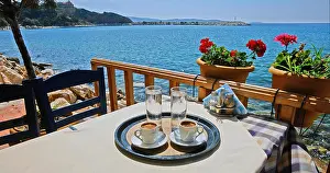 Cyclades Prints: Traditional Greek cafeteria at the beach, Greece
