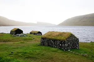 Faroe Islands Prints: Traditional houses in a scenic landscape, Faroe islands