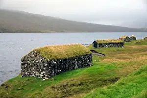 Faroe Islands Prints: Traditional houses in a scenic landscape, Faroe islands