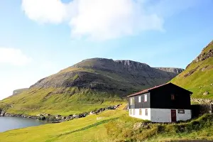 Faroe Islands Prints: Traditional houses in a scenic landscape, Faroe islands