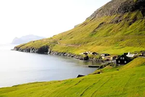 Faroe Islands Prints: Traditional houses in a scenic landscape, Faroe islands