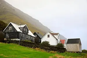 Faroe Islands Prints: Traditional houses in a scenic landscape, Faroe islands
