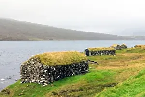 Faroe Islands Prints: Traditional houses in a scenic landscape, Faroe islands