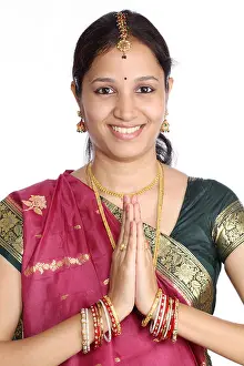 Saree Prints: Traditional Indian girl holding hands in prayer position