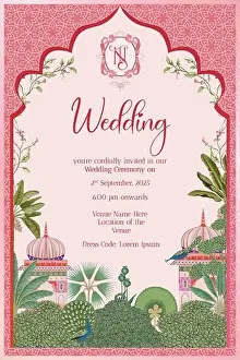 Traditional Indian Mughal Wedding Day Invitation Card Design with arch, NT monogram with crest, Mughal Decorated Dome, Red background tropical tree