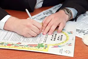 Commitment Prints: Traditional jewish wedding, signing prenuptial agreement ketubah. Jewish marriage contract