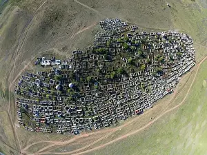 Traditional Kazakh cemetery in the steppe landscape of stone mountains Monasteries and Aiyrtau