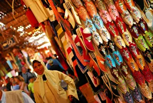 Maroc Prints: Traditional Moroccan babouches for sale in the Souk des Babouches in Marrakech, Morocco