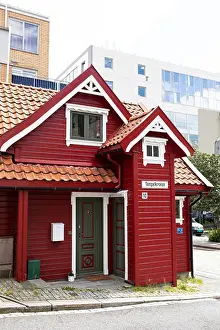 Bergen Prints: A traditional red wooden Norwegian house on Tempelkroken in the neighborhood of Nøstet in Bergen