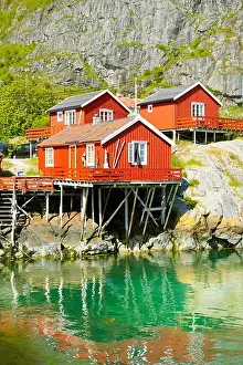 Lofoten Islands Prints: Traditional red wooden rorbu huts on Moskenesoya Island, Lofoten Islands, Norway