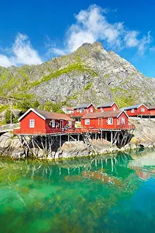 Traditional red wooden rorbu huts on Moskenesoya Island, Lofoten Islands, Norway