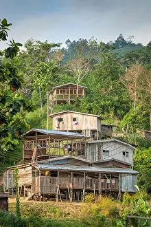 Dwellings Prints: Traditional wood stilt houses in Kampong Lingabungan (Kampang is Malay for village)