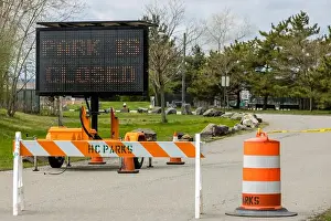 State Park Prints: Traffic sign and barricade at the entrance of a Hudson County Park in Secaucus