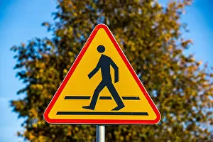 Yellow Sign Prints: traffic sign for pedestrians in Poland