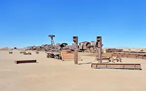 Bolivia Prints: The train cemetery on Salar de Uyuni or salt desert of Uyuni, Bolivia, South America