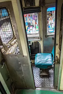 Windshield Prints: The train driver's cab in the old train standing at railway station