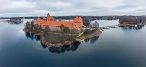 Lithuanian Prints: Trakai castle aerial wide drone view, Lithuania