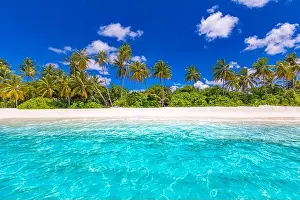 Tranquil beach scene. Sunny exotic tropical beach landscape for background or wallpaper. Design of summer vacation holiday concept. Luxury travel view