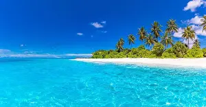 Tranquil beach scene. Sunny exotic tropical beach landscape for background or wallpaper. Design of summer vacation holiday concept. Luxury travel view
