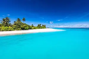 Tranquil beach scene. Sunny exotic tropical beach landscape for background or wallpaper. Design of summer vacation holiday concept. Luxury travel view