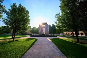 Archway Prints: Tranquil Fountain Monument in Sunlit Park Eye Level View