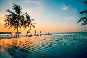 Images Dated 4th January 2017: Tranquil infinity swimming pool in sunset sunrise with palm trees and deck chairs