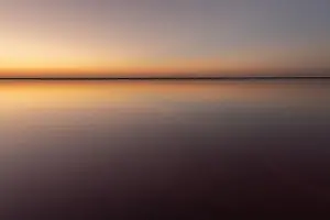 Tranquil minimalist landscape with smooth surface of the pink salt lake with calm water with horizon with clear sky in sunset time