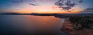 Murray River Prints: Tranquil mountain lake at sunset - aerial panorama with copy space