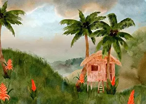 Landform Prints: A tranquil and peaceful scene featuring a charming wooden cabin nestled amidst lush palm trees and vibrant flowers