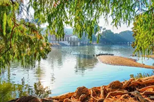 Reflection Lake Prints: Tranquil scene featuring a peaceful lake surrounded by lush greenery
