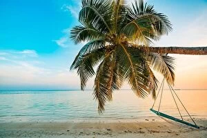 Images Dated 4th January 2017: Tranquil summer vacation or holiday landscape. Tropical sunset beach view with palm over calm sea