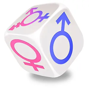Trans Prints: Transgender Non Binary Male Female Symbols Rolling white dice / die with Different sex symbols printed on each side